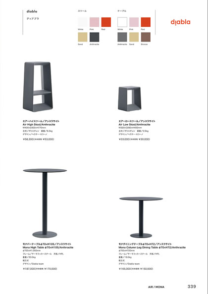 エアーハイスツール／エアーロースツール／モナダイニングテーブルφ70×H72／モナバーテーブルφ70×H105